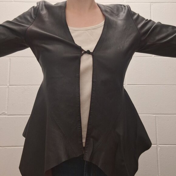Tristan leather jacket with uneven hem and purple lining - Picture 4 of 7